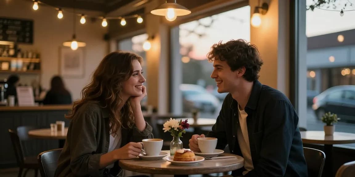 Couple on a date sharing their crush on each other in a cozy café.