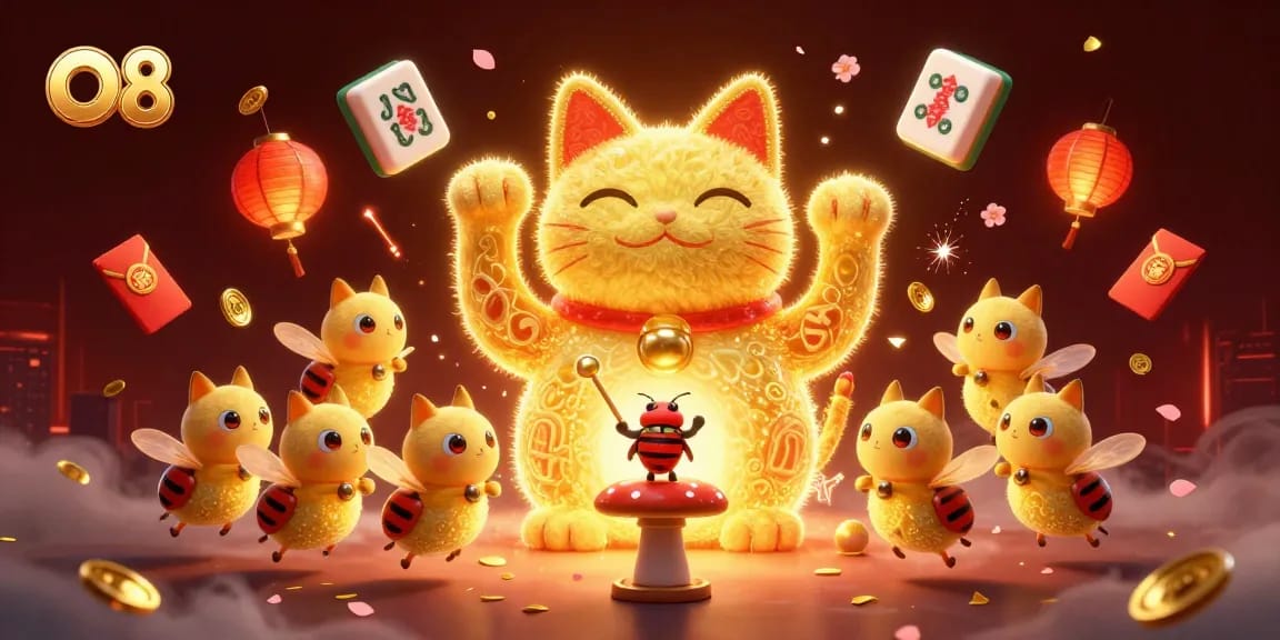 Experience the magic of O8 with a vibrant 3D lucky cat in a bustling casino atmosphere.
