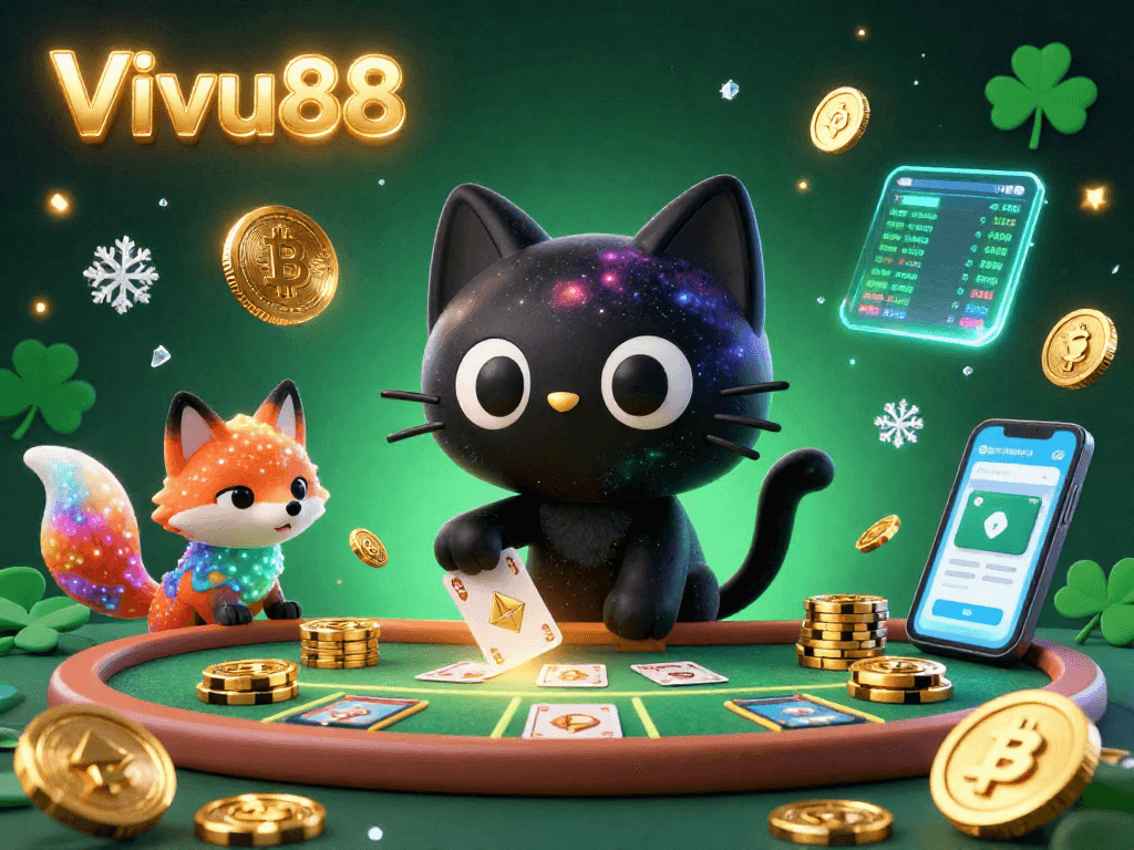 Engage with Vivu88 by winning big at the cosmic casino with golden chips and cards in a rich atmosphere.