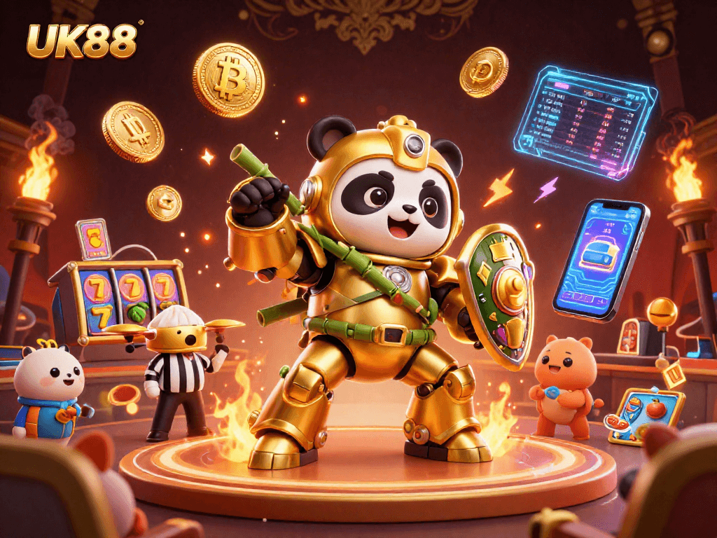 Engage in thrilling gameplay at UK88 with a golden panda and vibrant slot reels.