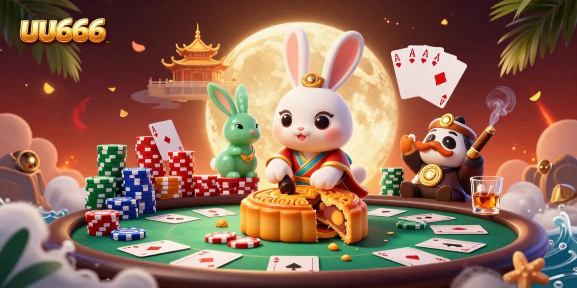 Experience thrilling gameplay at uu666 with a dynamic scene of a moon rabbit unveiling poker chips, showcasing a vibrant casino atmosphere.