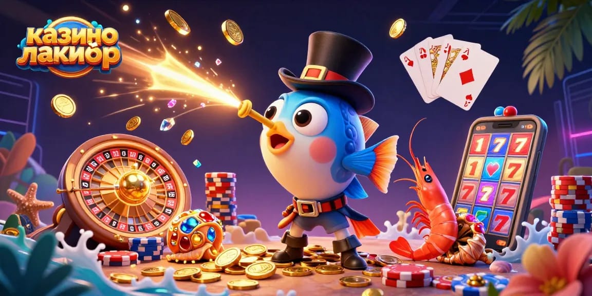 Experience excitement at казино лакибир, capturing the thrill of gaming with vibrant characters and dazzling casino elements.