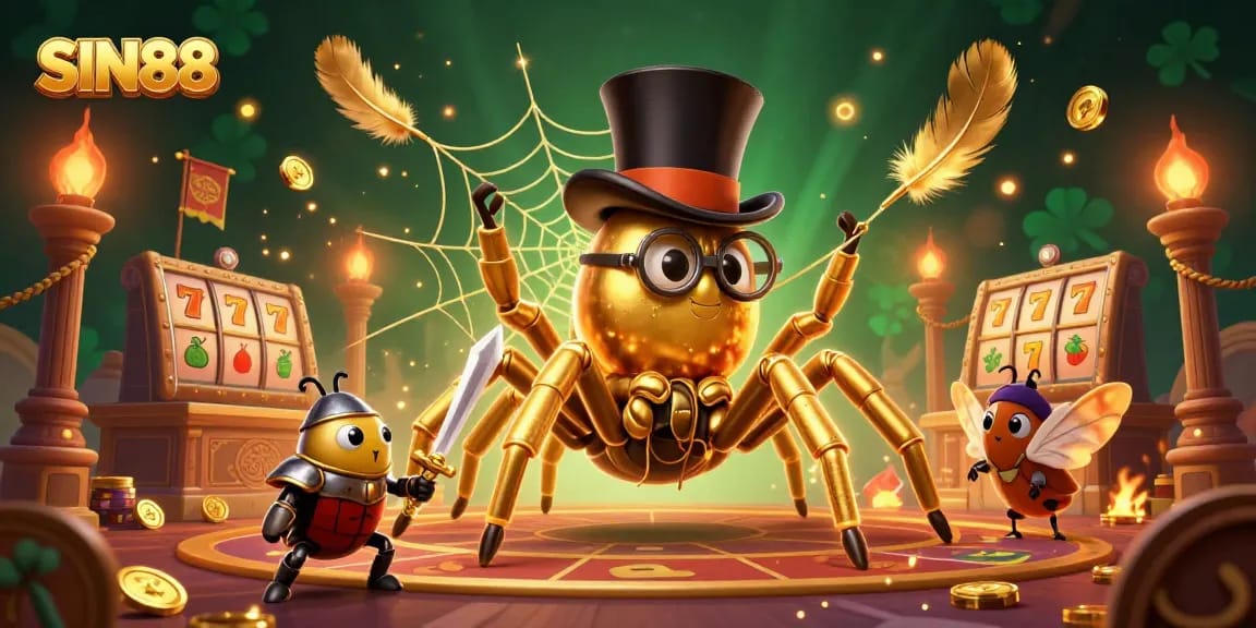 SIN88 casino illustration features a giant golden tarantula and beetle knight amid vibrant gaming elements.