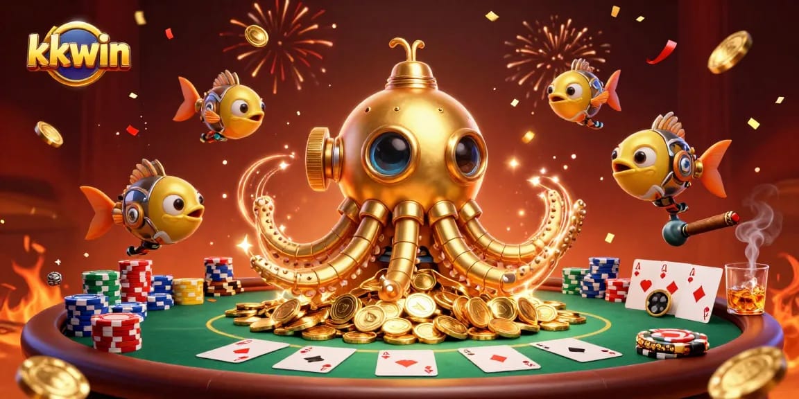 Engage with kkwin's vibrant 3D illustration showcasing an animated kraken and poker elements.