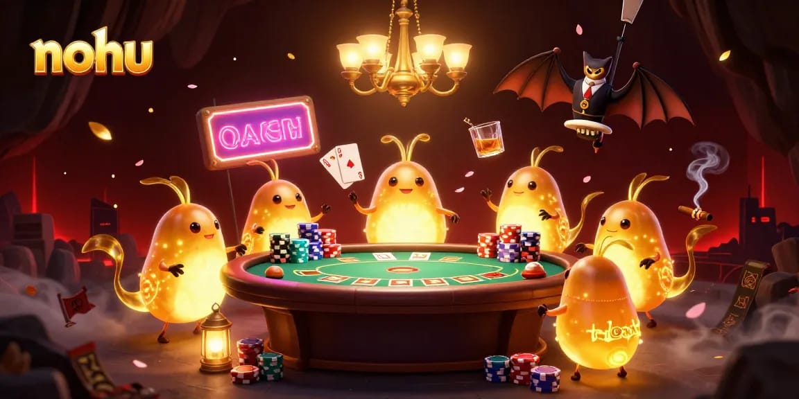 Experience the vibrant nohu casino scene featuring unique glowworm characters and poker action.