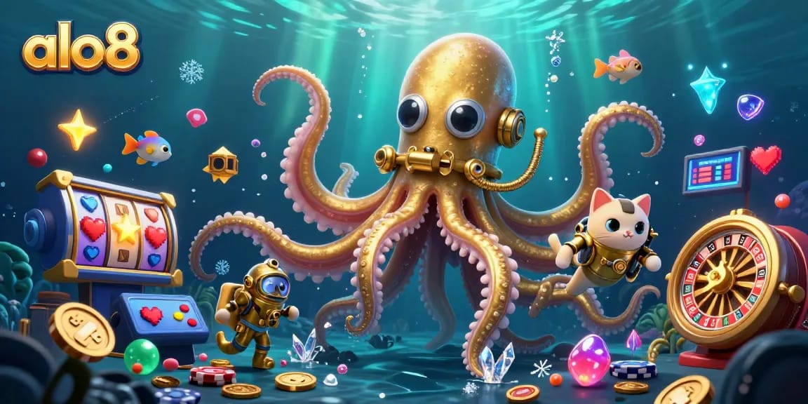 Experience the excitement of gaming at alo8 with a vivid 3D illustration featuring a kraken, diving cat, and glowing treasures.