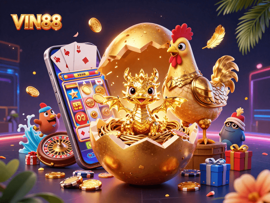 Experience the thrill of VIN88 with a dragon in gold, poker chips, and dynamic gaming elements.