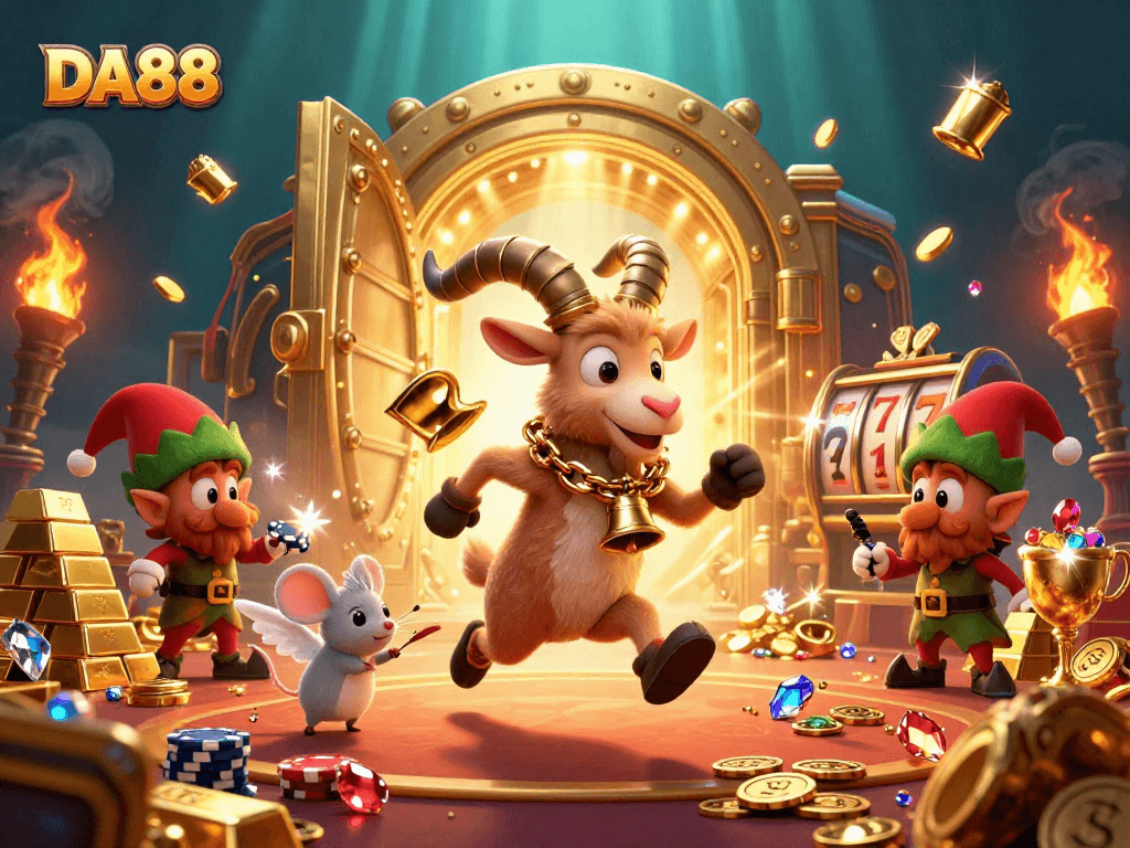 Engage with DA88 in this vibrant casino scene with Krampus and mischievous elves stealing poker chips.
