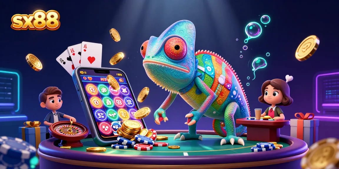 Engage with sx88, a vibrant casino world featuring a chameleon owner among dynamic gaming elements.