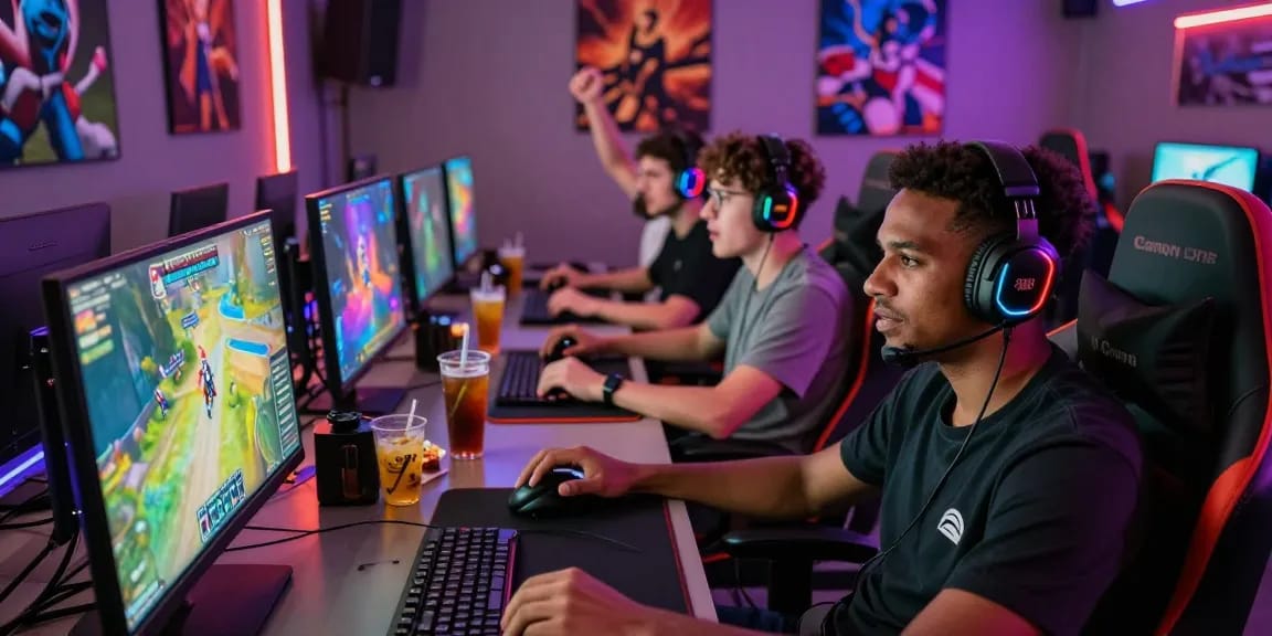 Gamers enjoying an exciting rokok88 session together in a vibrant lounge.