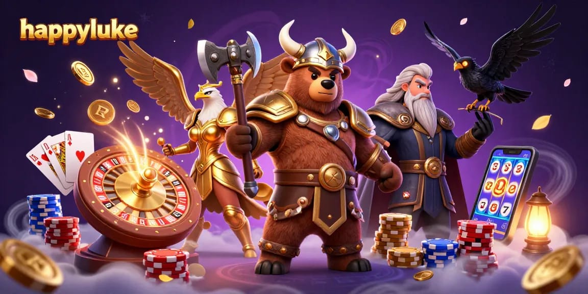 Win immersive games at happyluke with a vibrant casino-themed 3D scene featuring iconic characters and dynamic elements.
