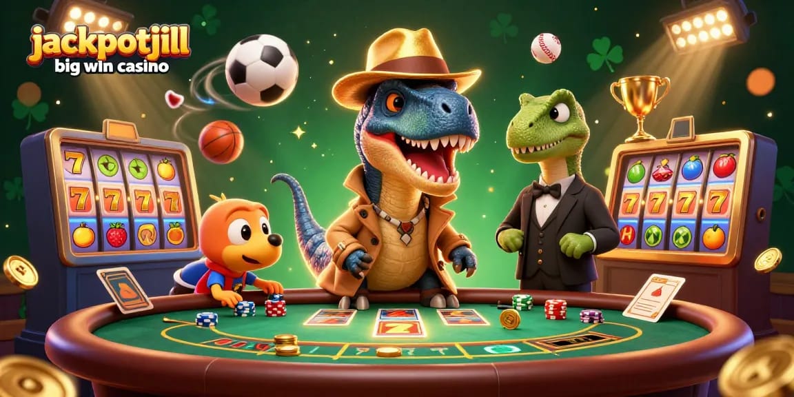 Win big at jackpotjill big win casino with a colorful illustration of a velociraptor counter and casino action in motion.