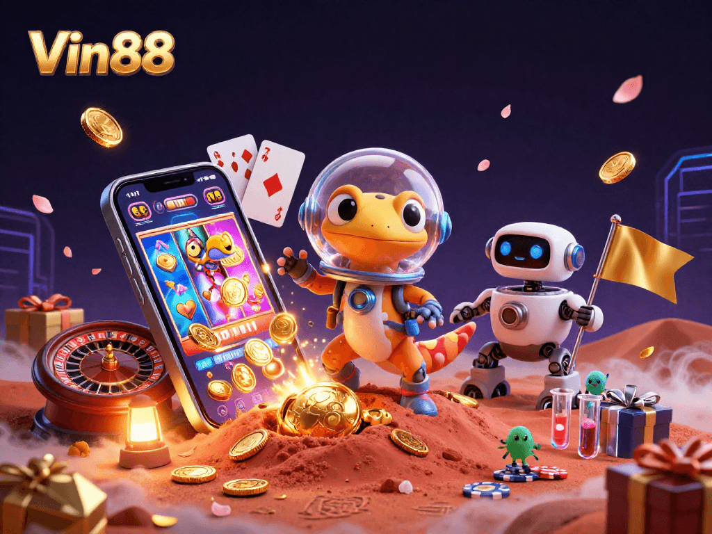 Win big with Vin88 as a Martian gecko discovers a golden casino amidst Mars sand.