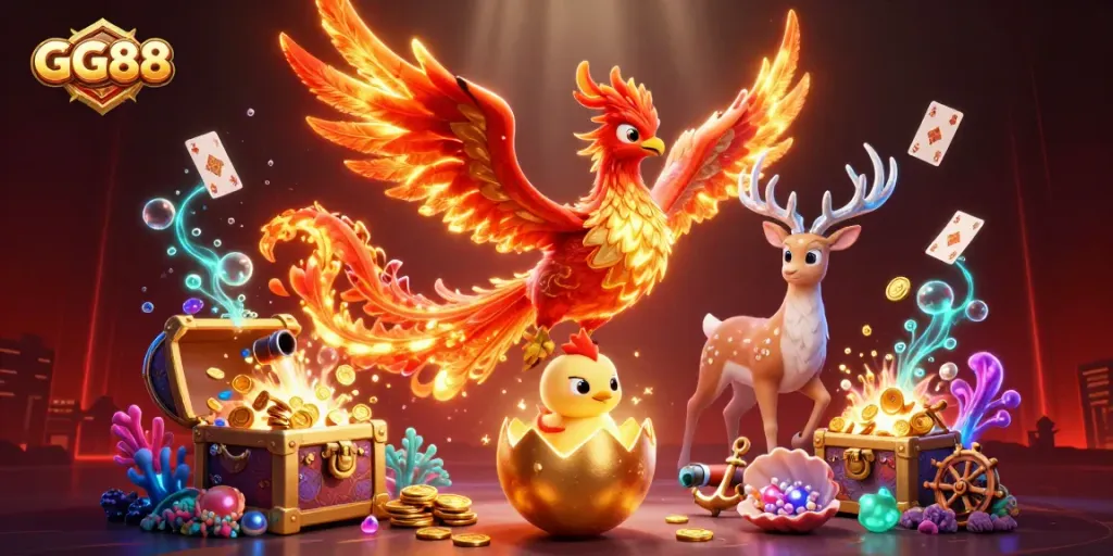 Win big with GG88 in this vibrant and dynamic casino-themed illustration featuring epic characters.