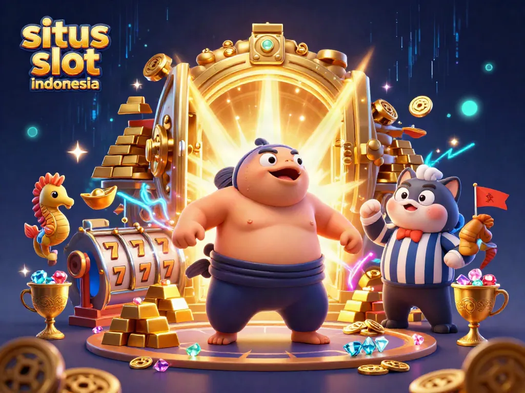 Experience the excitement of situs slot indonesia with a dynamic underwater scene featuring a fugu, catfish referee, and slot elements.