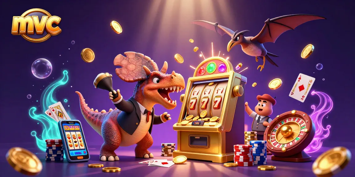 Jackpot spins at mvc casino with cartoon dinosaurs celebrating wins and flying coins