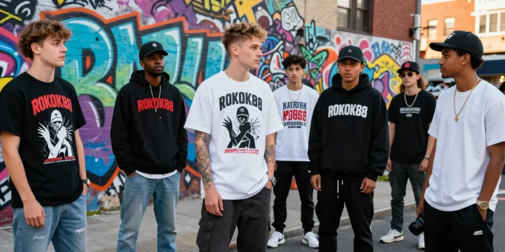 Young adults wearing rokok88 super apparel against graffiti wall