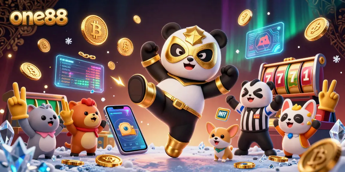 Engage in thrilling action at one88 with a cinematic, colorful casino scene featuring animated characters and crypto elements.