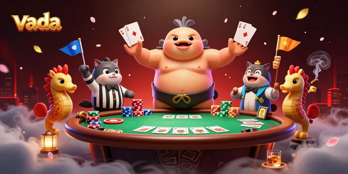 Join the action at vada with a vibrant underwater poker scene featuring a fugu, catfish referee, and seahorse fans.