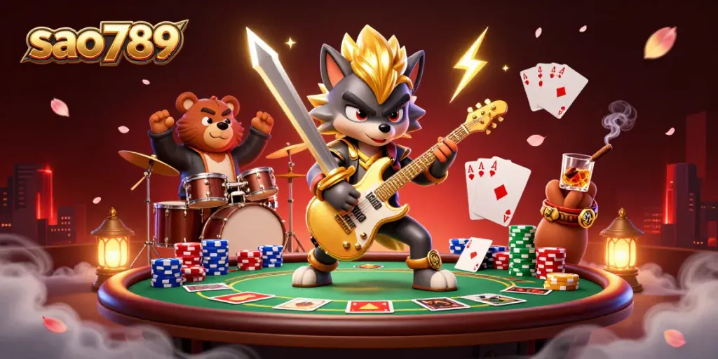 Experience the excitement of sao789 gaming with a rock star wolf and vibrant casino elements.