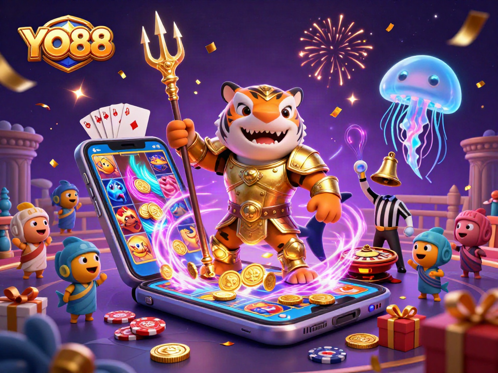 YO88 captivates players in a vibrant underwater casino scene with exciting games and gold coins.