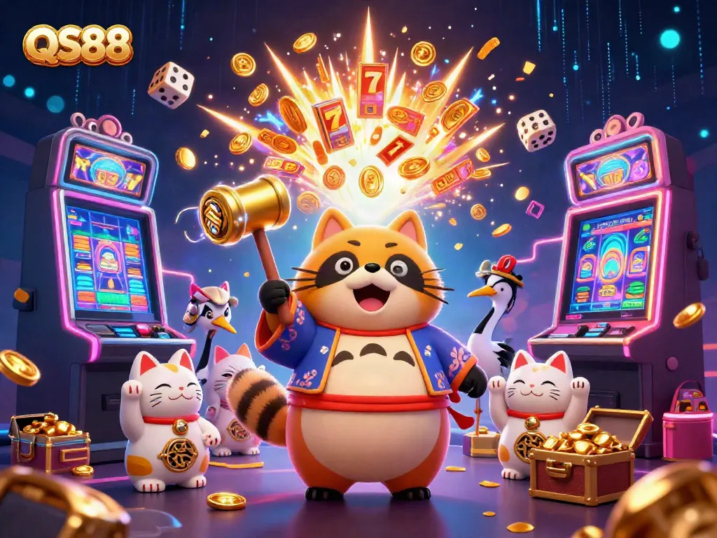 Engage with QS88 as the cheerful tanuki celebrates a jackpot explosion in a vibrant casino scene.