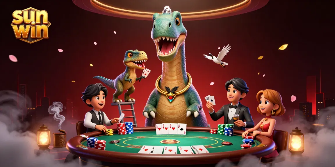 Engaging poker scene capturing sun win moments, with a brontosaurus and clever raptor dealing cards.