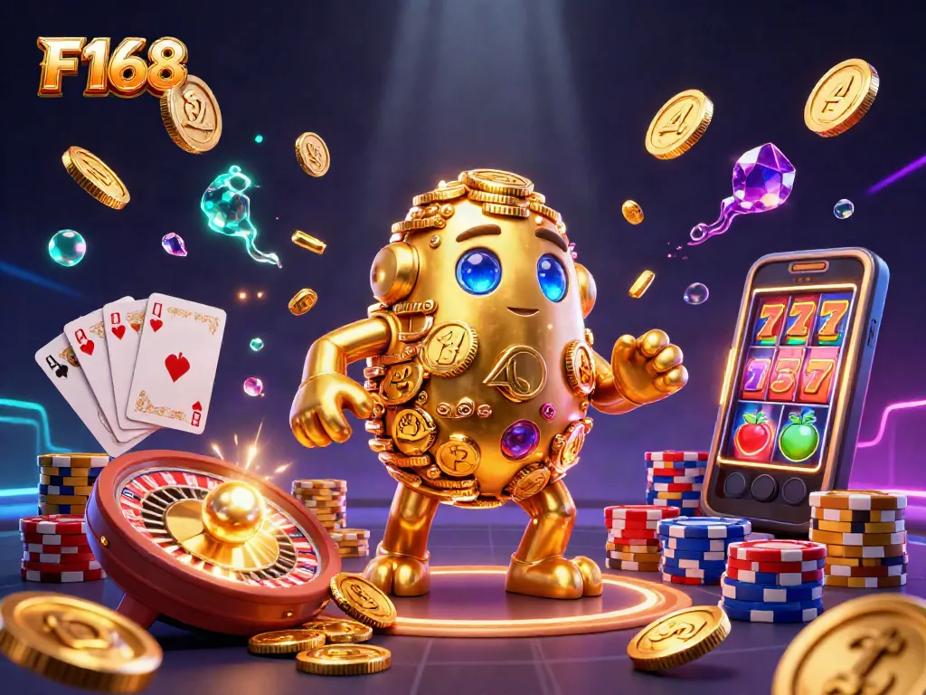 Engage with F168 spins showcasing a golden golem and captivating casino action during gameplay.