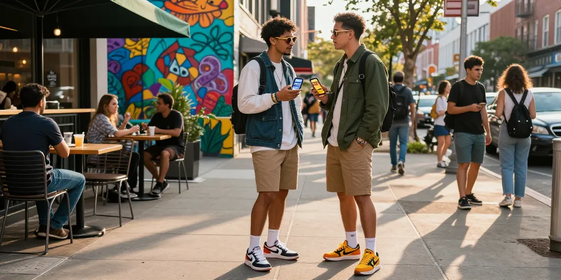 Youth engaging with the rokok88 app in an energetic urban setting, showcasing street style and community connection.
