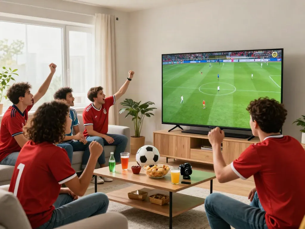 Cà khịa tv brings fans together in a vibrant living room, celebrating soccer matches on a large HD screen.
