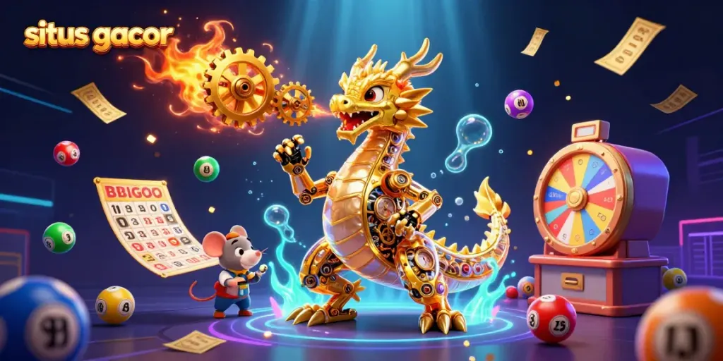 Experience excitement at situs gacor with a dynamic scene of a golden dragon amidst colorful lottery elements.