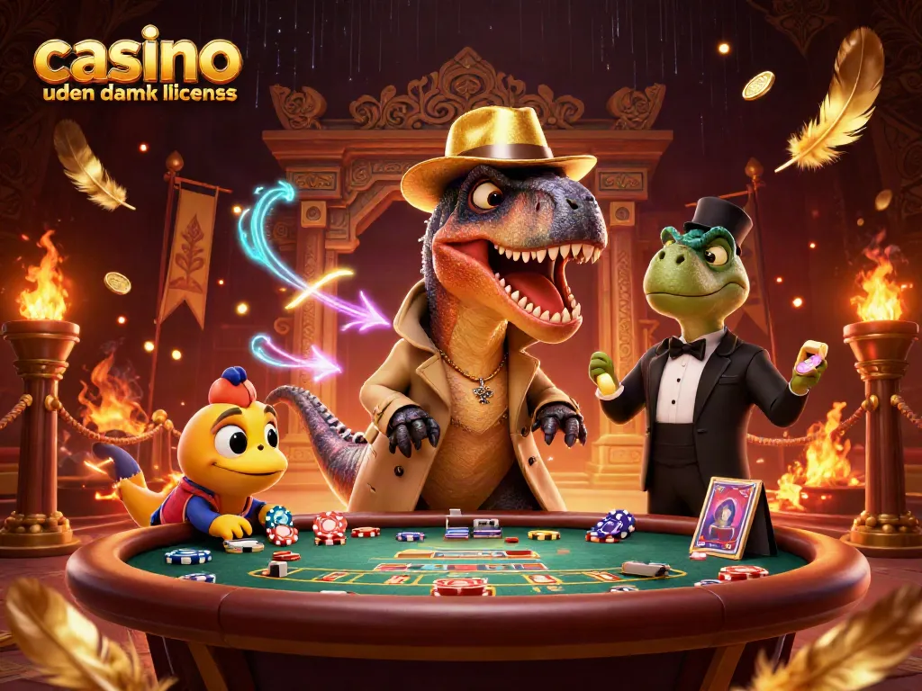 Experience the thrill of casino uden dansk licens with a velociraptor elegantly playing at a blackjack table.