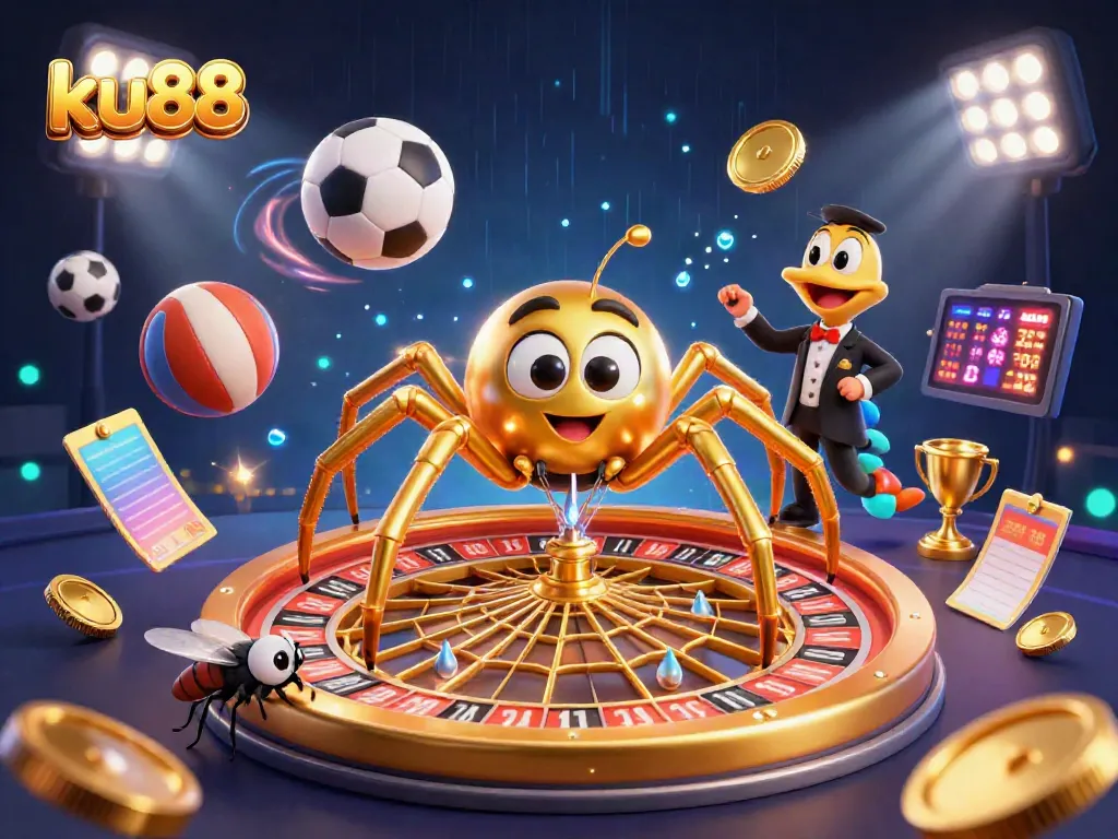 ku88 delivers high-stakes action with a golden spider web roulette and a dynamic gaming scene.