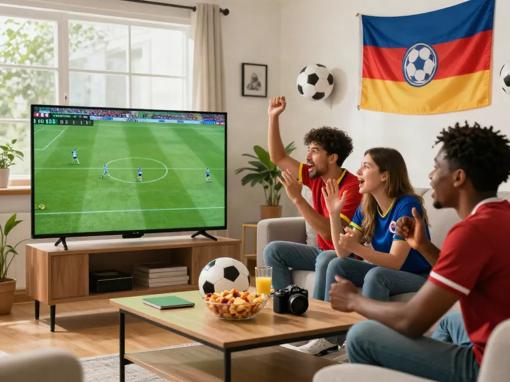 Friends enjoying cà khại tv live football match in a cozy setting, showcasing team spirit and excitement.