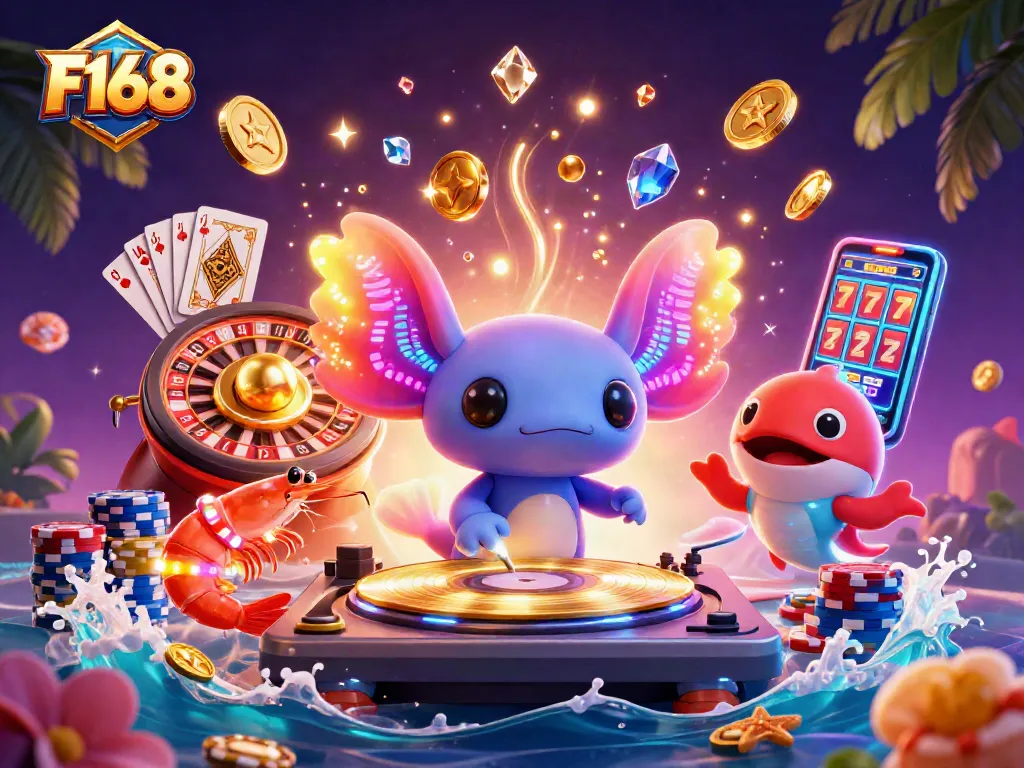 Spin the reels of F168 for thrilling casino action with vibrant characters and sparkling elements.