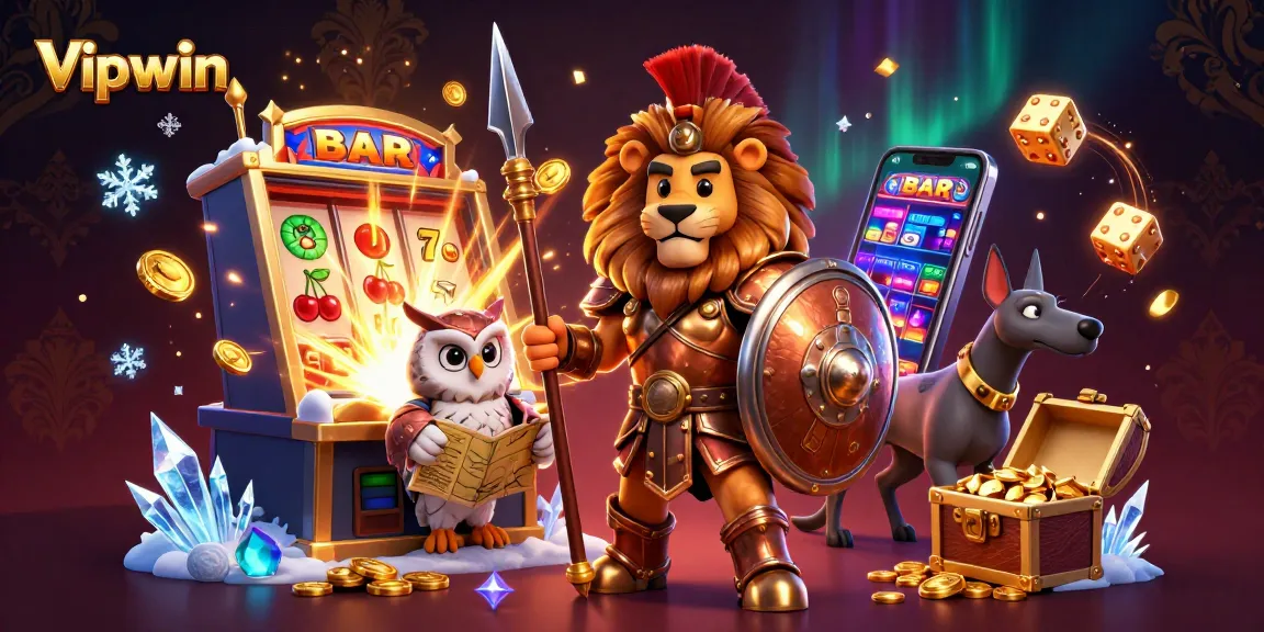 Experience thrilling jackpots at Vipwin with a dynamic scene of a Spartan lion and friends celebrating in a casino atmosphere