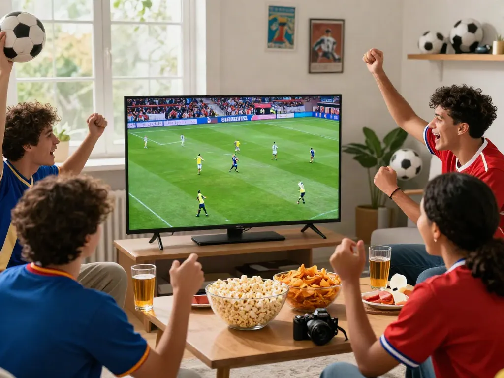 Friends enjoying thập cẩm tv sports stream during an exciting football match.