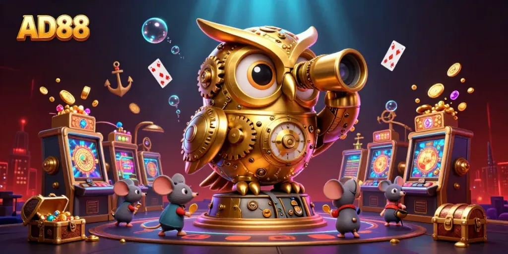 Experience thrilling gameplay at AD88 with a mythical owl overseeing an exciting casino scene.