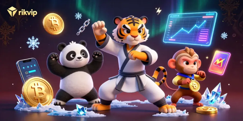 Engage with rikvip's vibrant online gambling experience amidst a dynamic 3D casino scene.