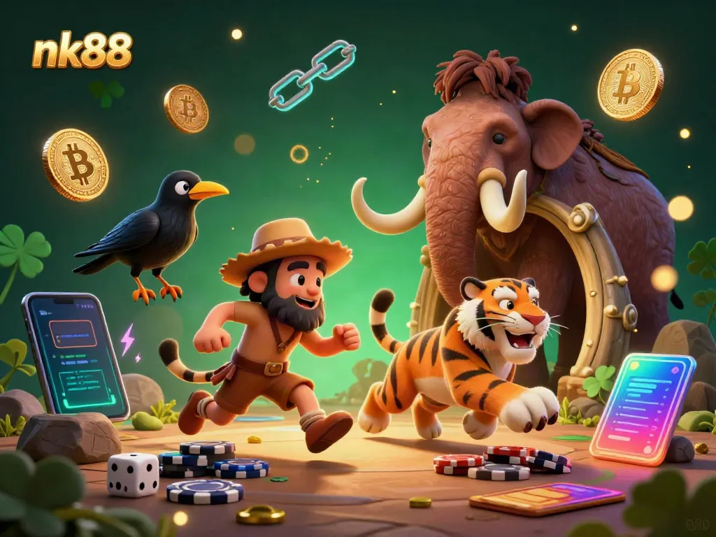 Experience thrilling wins at nk88 with our 3D caveman casino illustration featuring vibrant game elements.