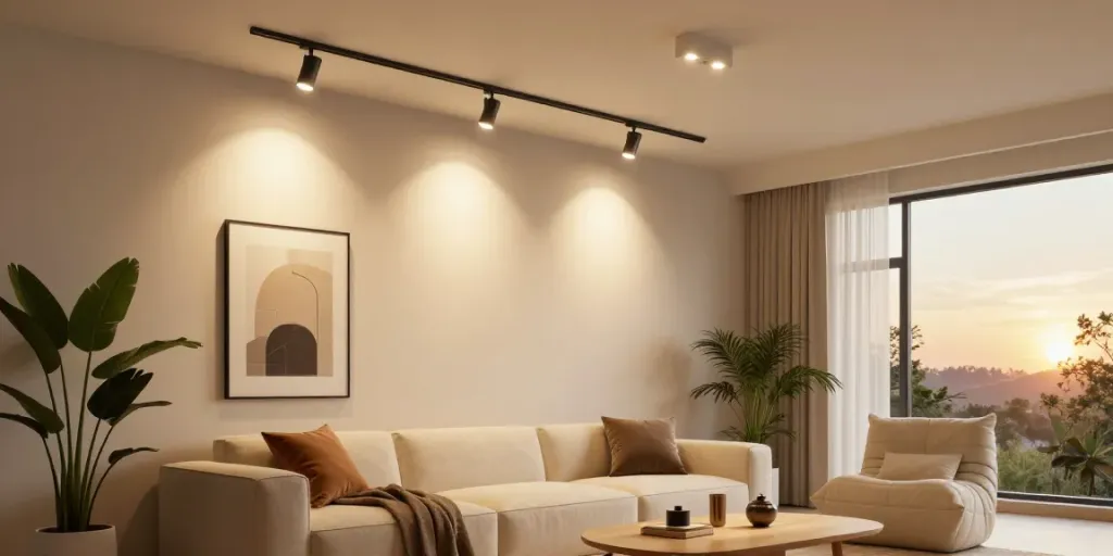 Iluminat modern cu sina magnetică încastrată în living elegant, evidențiind mobilier minimalist și artă contemporană.