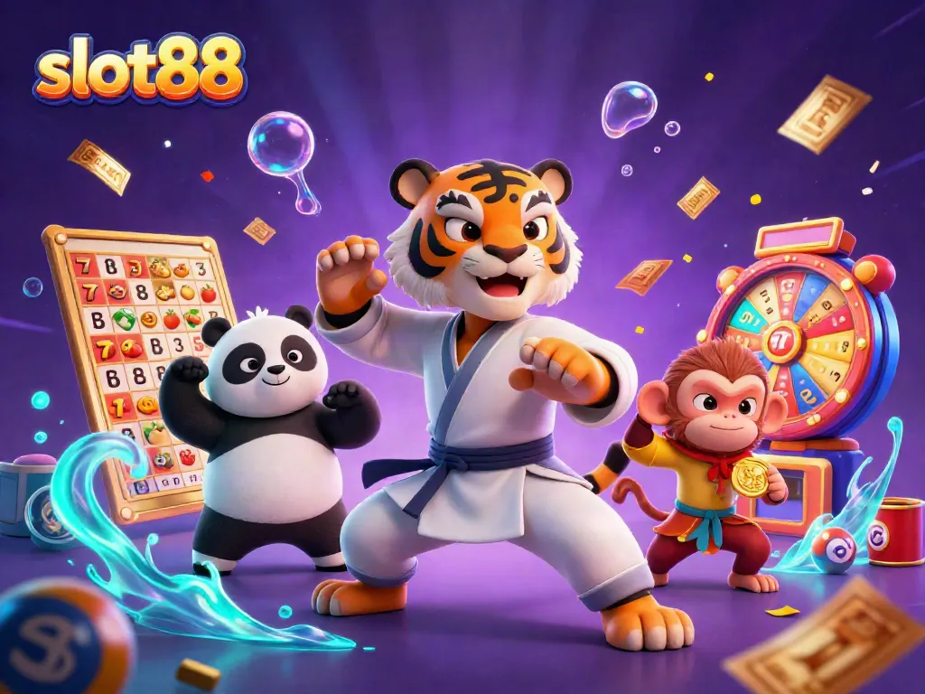 Engage with slot88's thrilling world through a kung fu tiger, panda disciple, and monkey student celebrating jackpots.