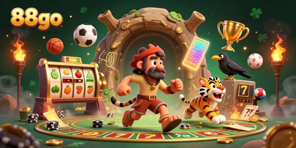 Engage with the thrilling 88go prehistoric casino experience featuring a caveman, tiger, and crow amidst dynamic gambling elements.