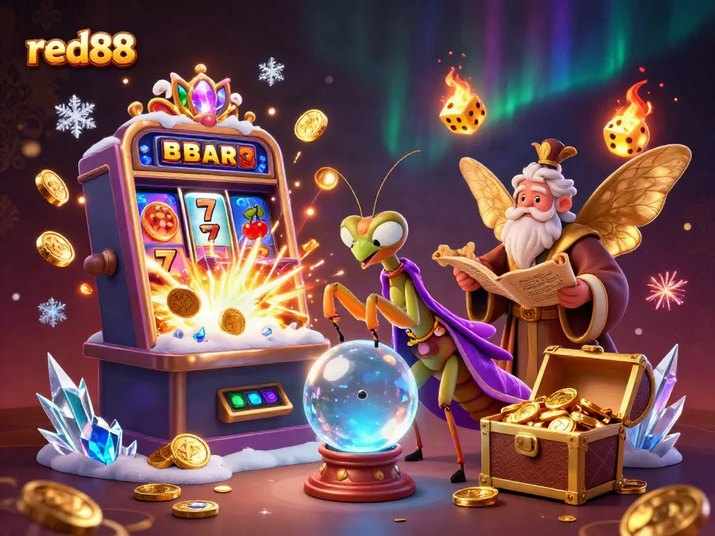 Experience thrilling slots at red88 with a mystical fortune teller predicting jackpot wins amidst gold coins and celebratory fireworks.