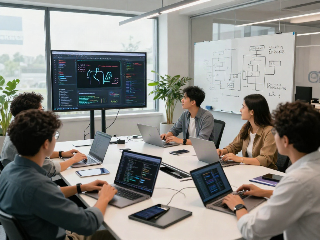 Collaboration scene featuring crushon ai's innovative tools in a modern tech workspace, showcasing diverse professionals engaged in AI-driven software development.