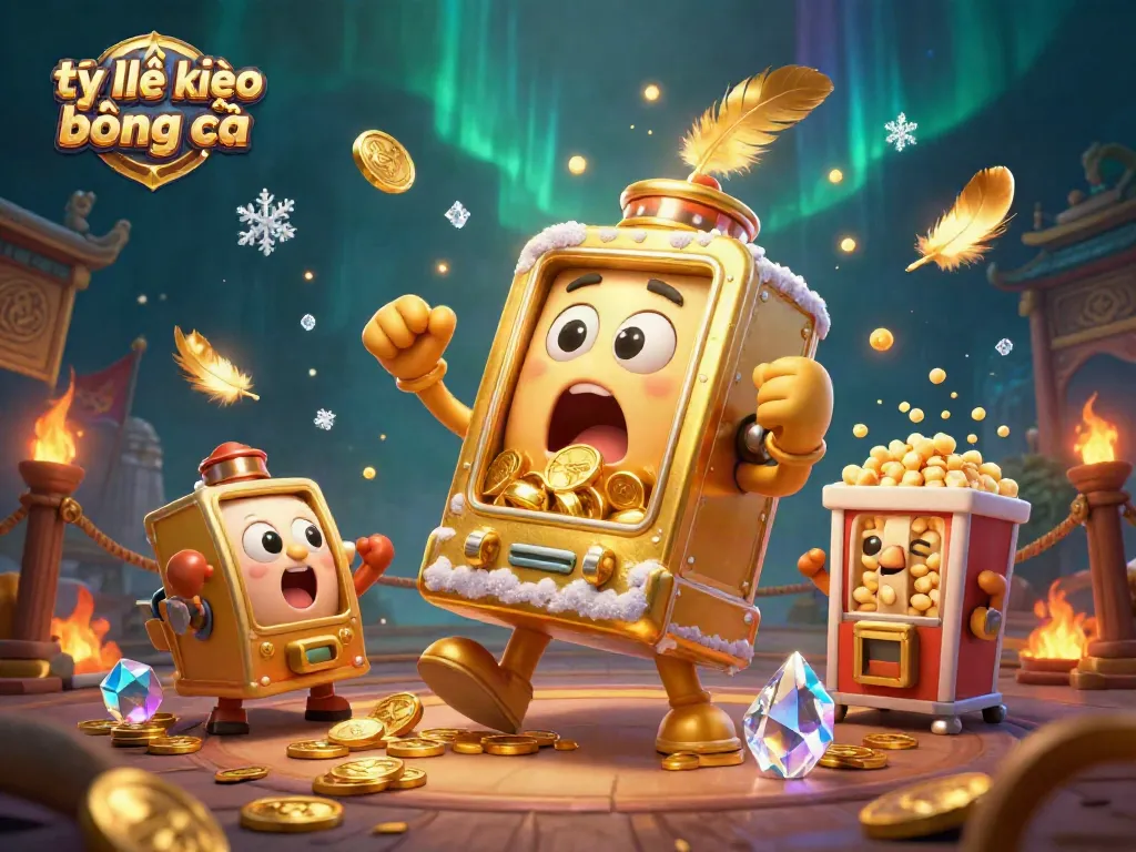 Engage with tỷ lệ kèo bóng đá as a golden slot machine hits a jackpot amidst a vibrant casino scene.