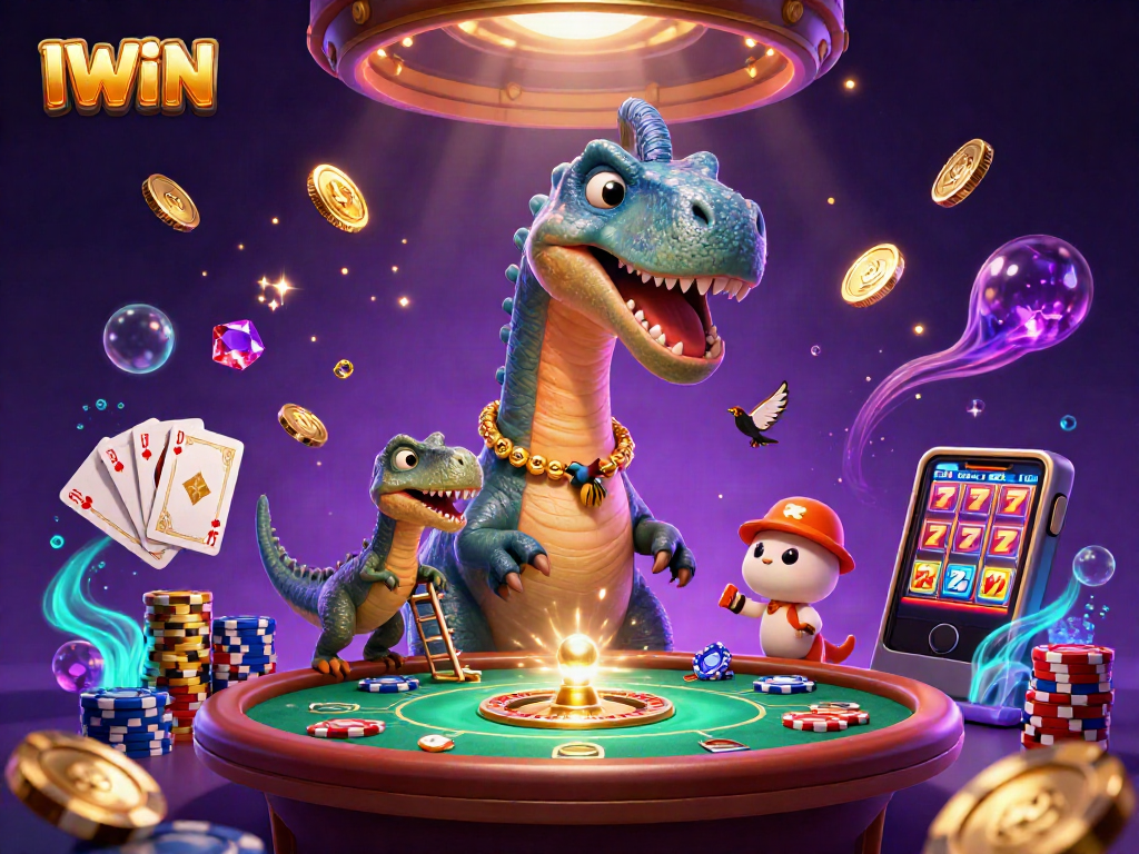 IWIN players engaging in a high-stakes poker game with exciting casino elements swirling around.