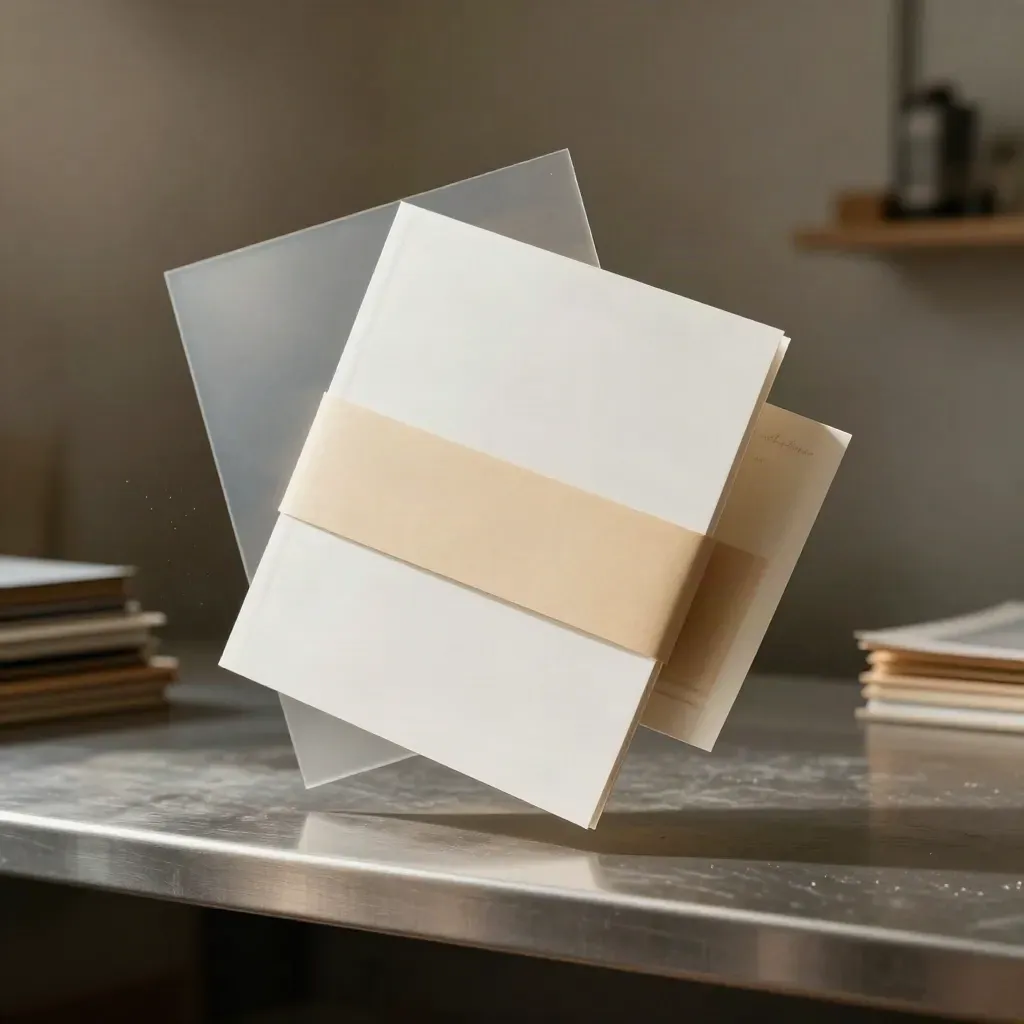 Floating proof folder with acetate sheets and beige band in soft archive light