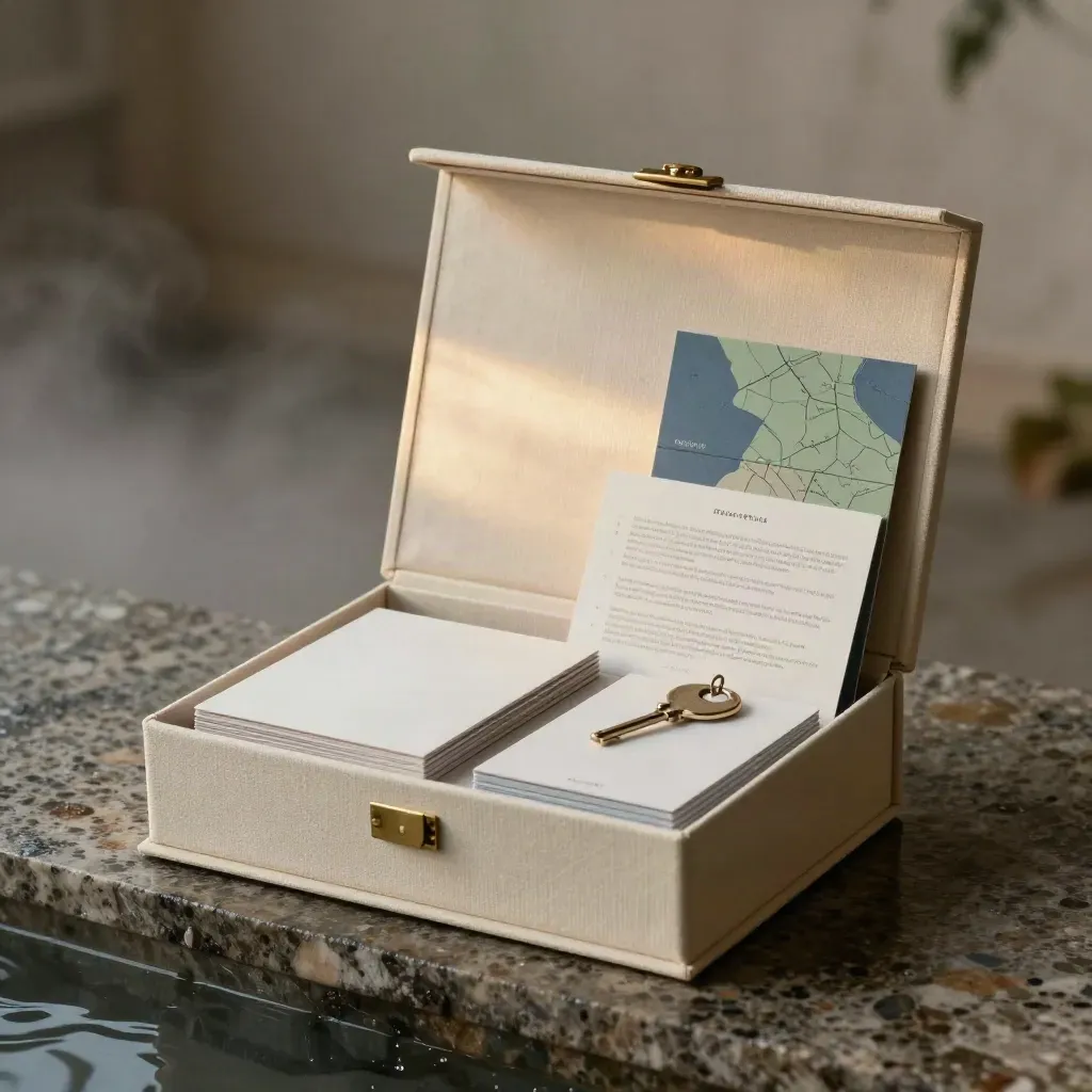 Cream buyer-start pack folio box with cards, key token and folded map on travertine in sunrise mist.