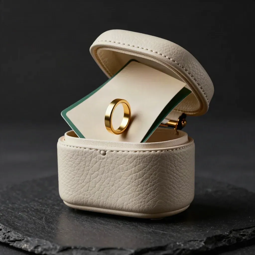 Floating cream buyer-call kit with brass ring and drifting paper cards in moody slate light.